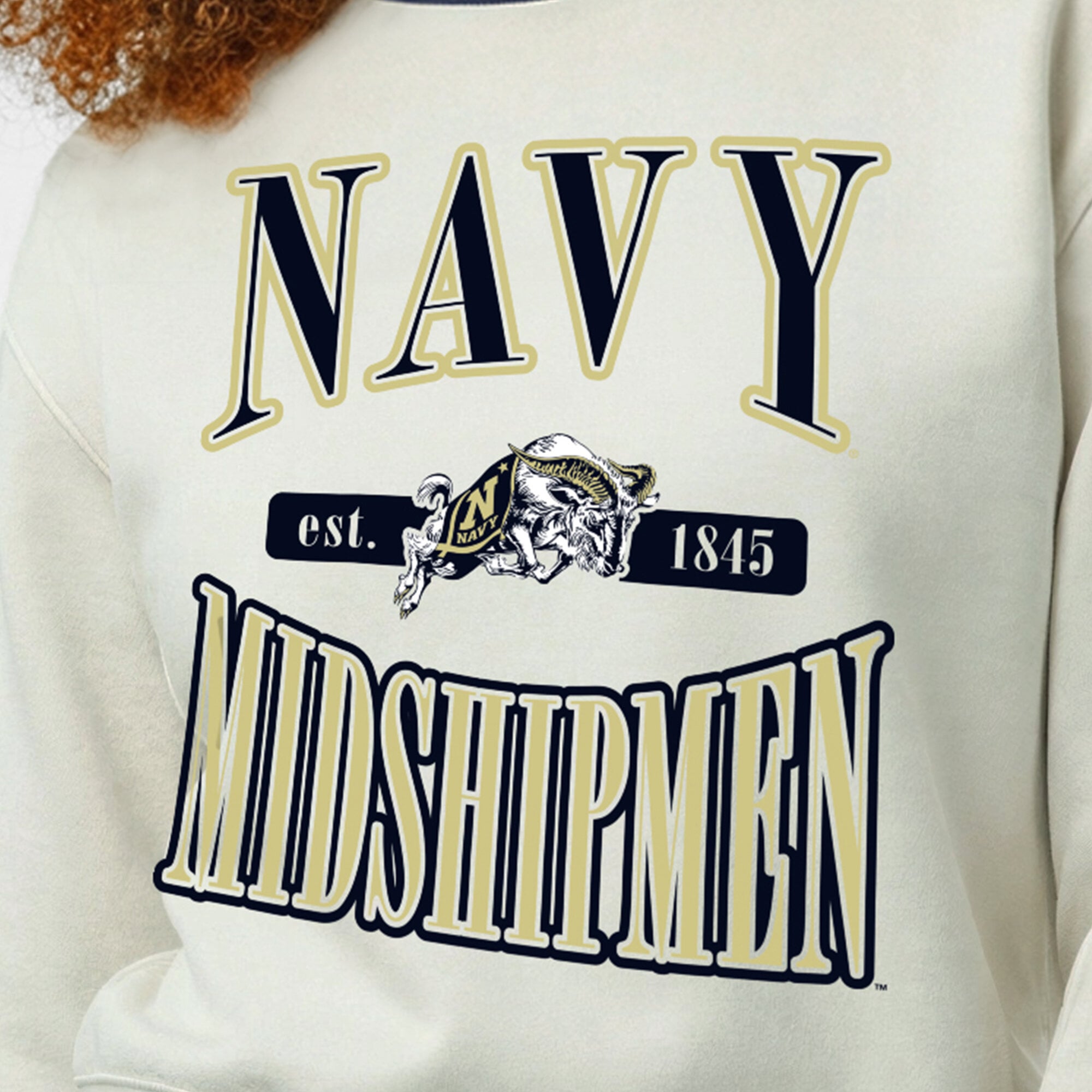 Women's Champion  White Navy Midshipmen Yarn Dye Rib Reverse Weave Crew Sweatshirt